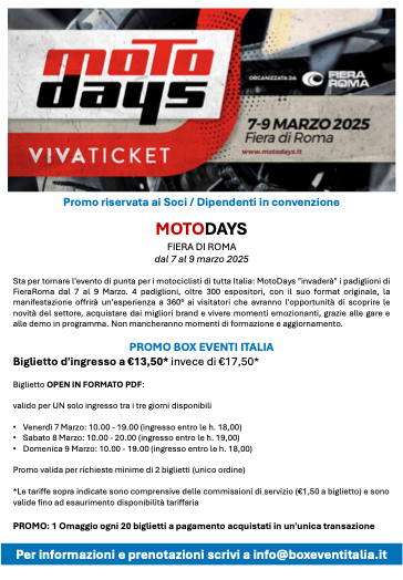 Motodays 7 -9 marzo 2024 – PROMO CRAL – WELFARE – MOBILITY MANAGER